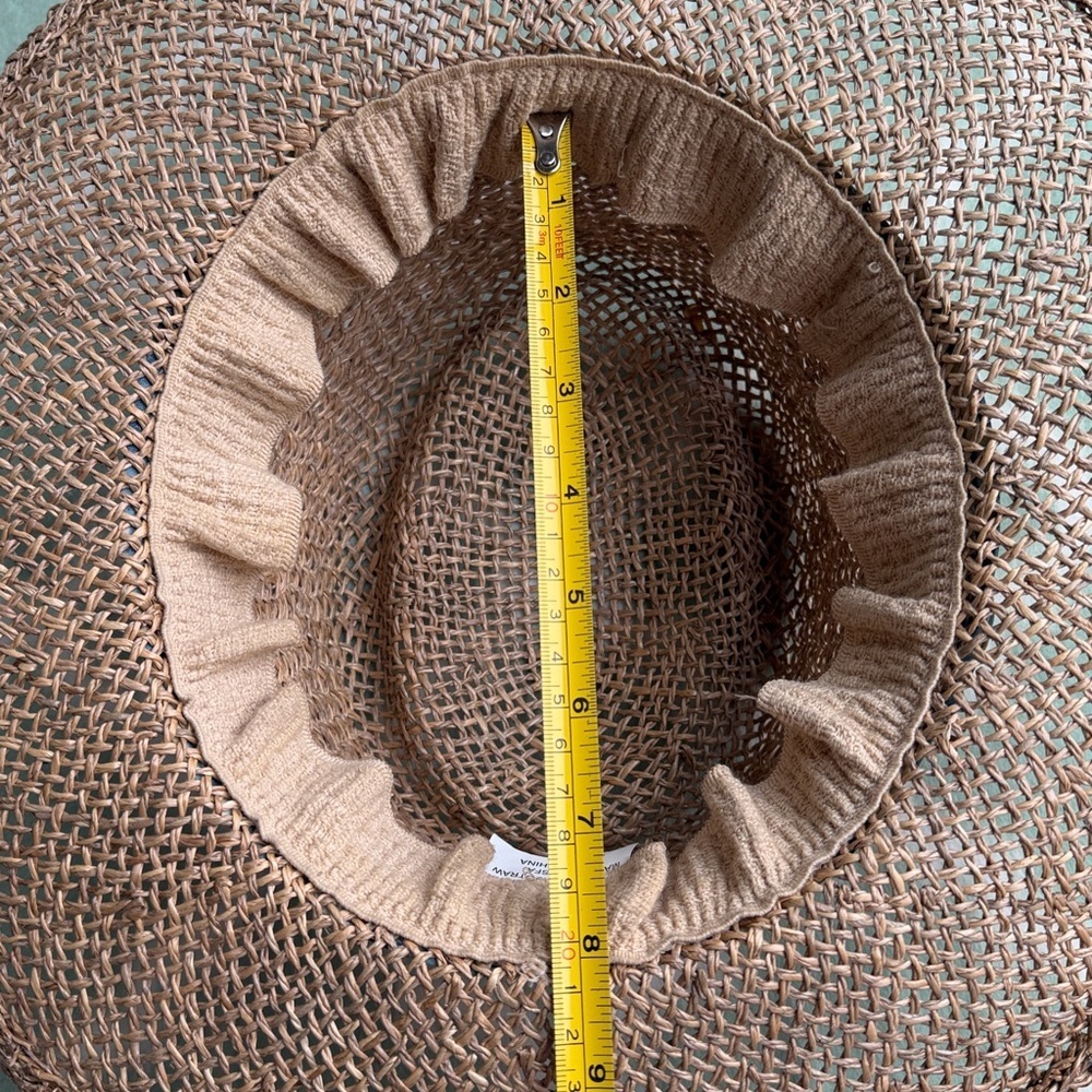 Woven Tan Straw Sun Hat with Blue Floral Fabric Band - Picture 6 of 7